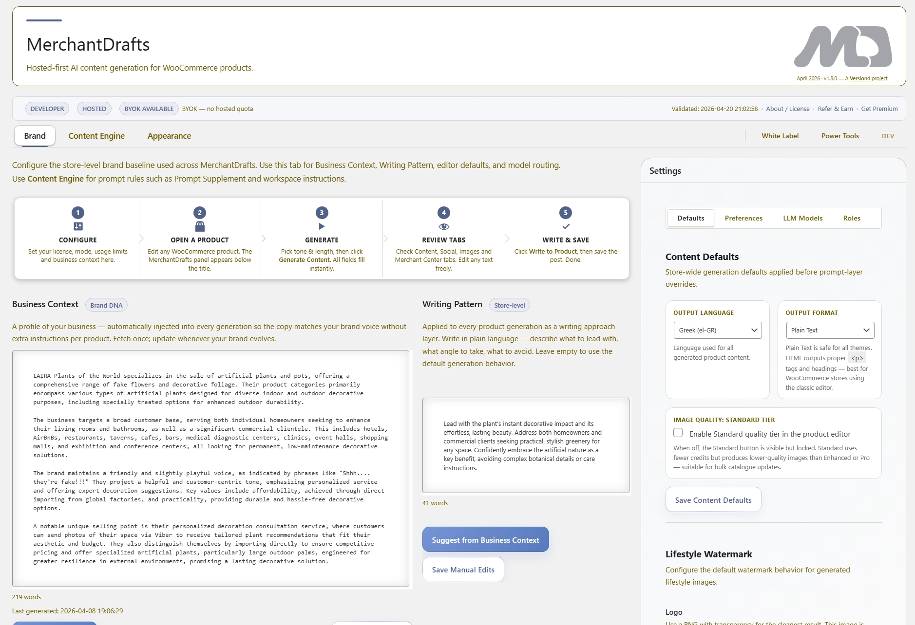 Business Context and Writing Pattern settings.