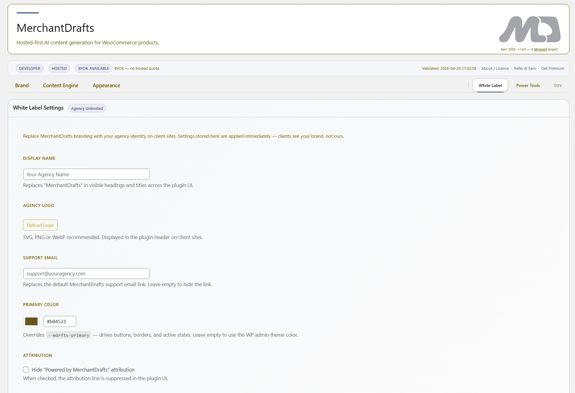 MerchantDrafts White Label settings — agency branding controls for name, logo, support email, and colour.