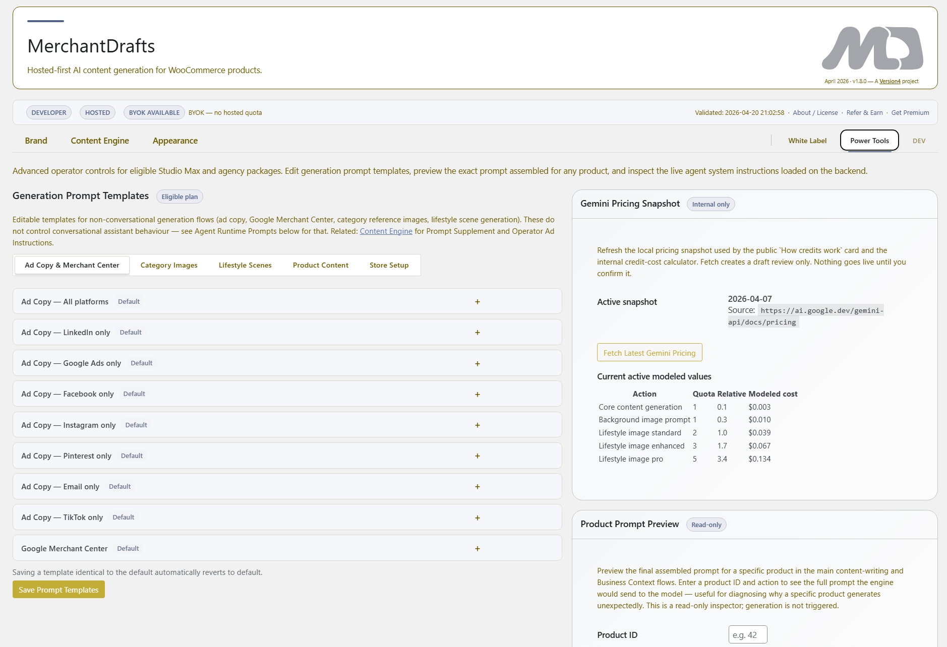 MerchantDrafts Power Tools settings — prompt template editor with pricing snapshot and product prompt preview.