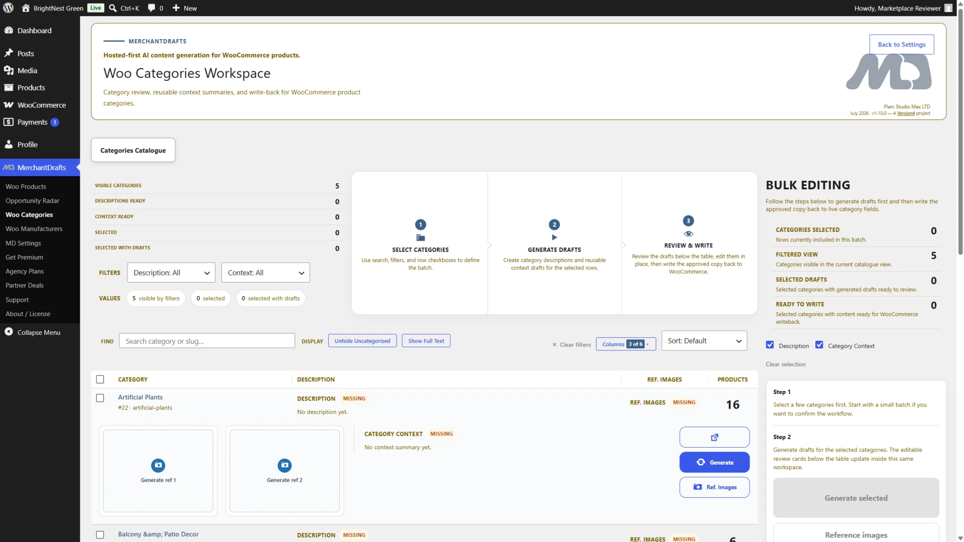 MerchantDrafts Categories Workspace showing WooCommerce categories, content status, and generation controls.