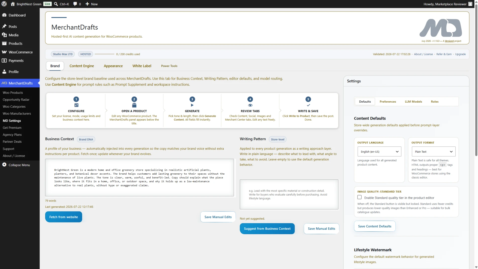 MerchantDrafts Brand settings showing Business Context, Writing Pattern, and Product Emphasis controls inside WooCommerce.
