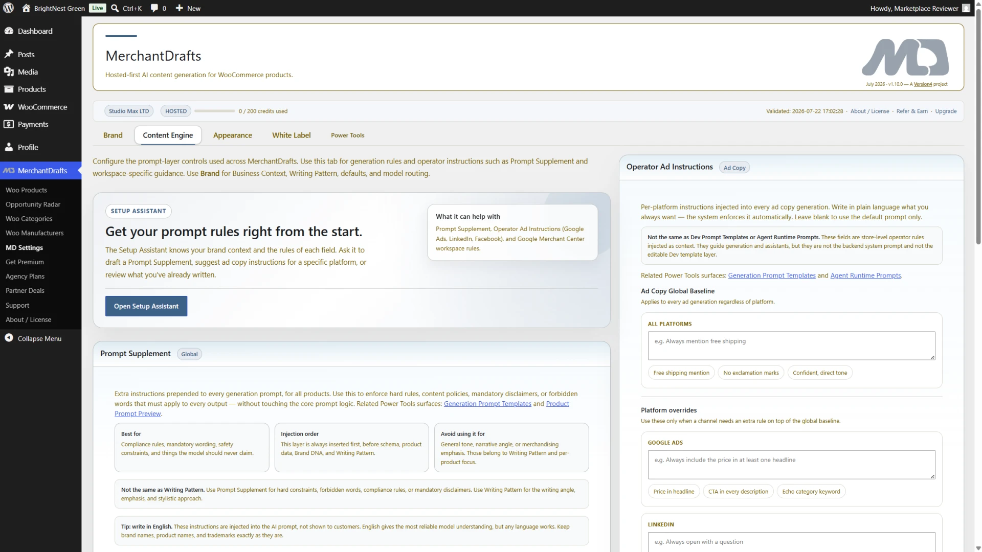 MerchantDrafts Content Engine settings showing reusable controls, setup guidance, and operator instruction fields.