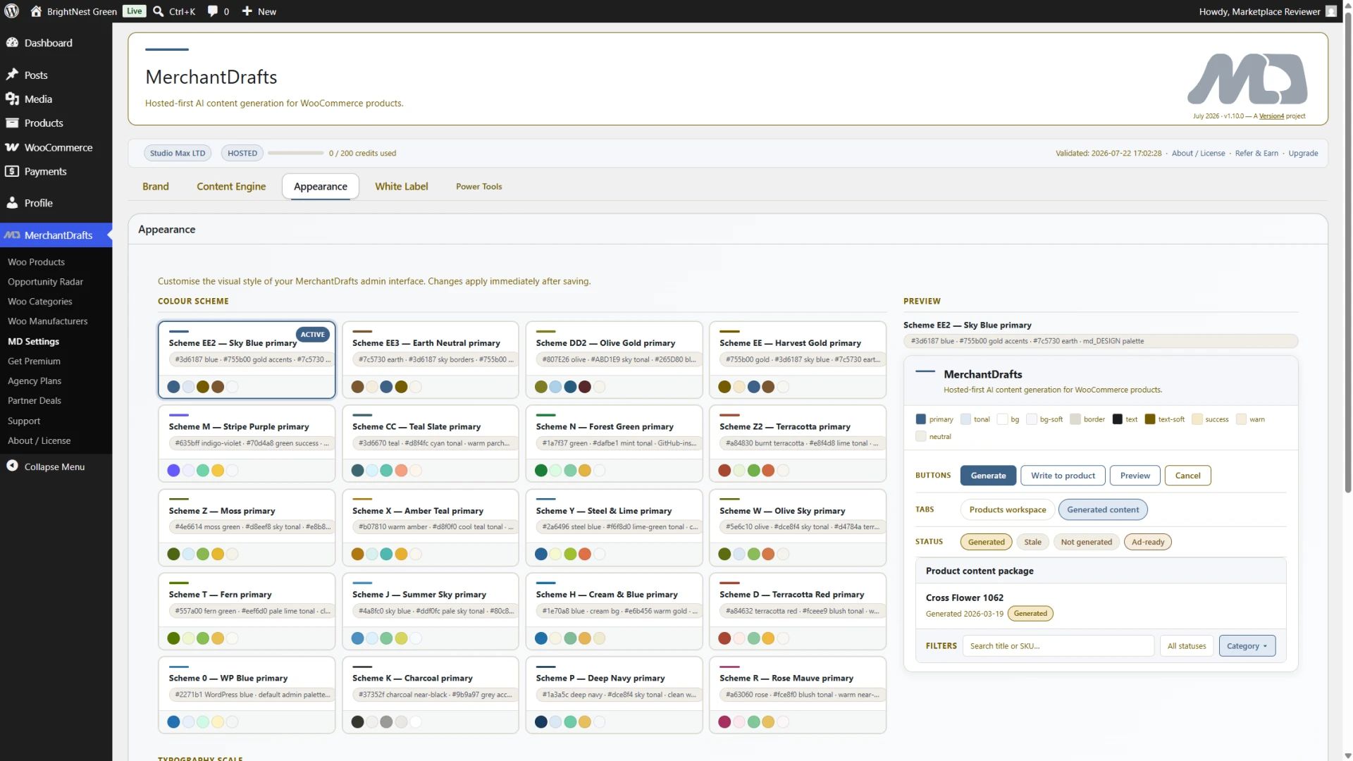 MerchantDrafts Appearance settings showing admin branding controls for agency client-facing delivery.