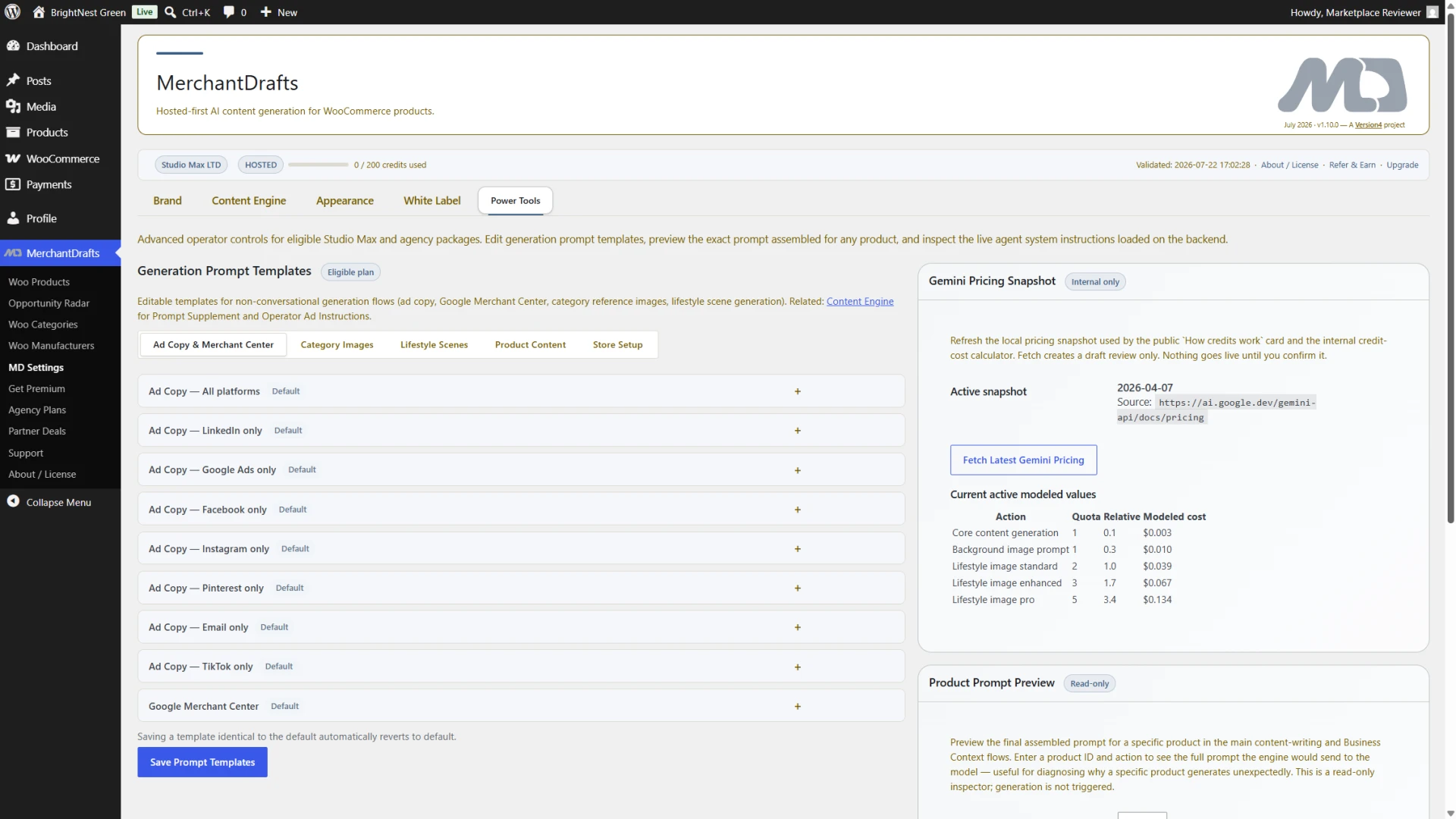 MerchantDrafts Power Tools settings showing advanced operator configuration options.