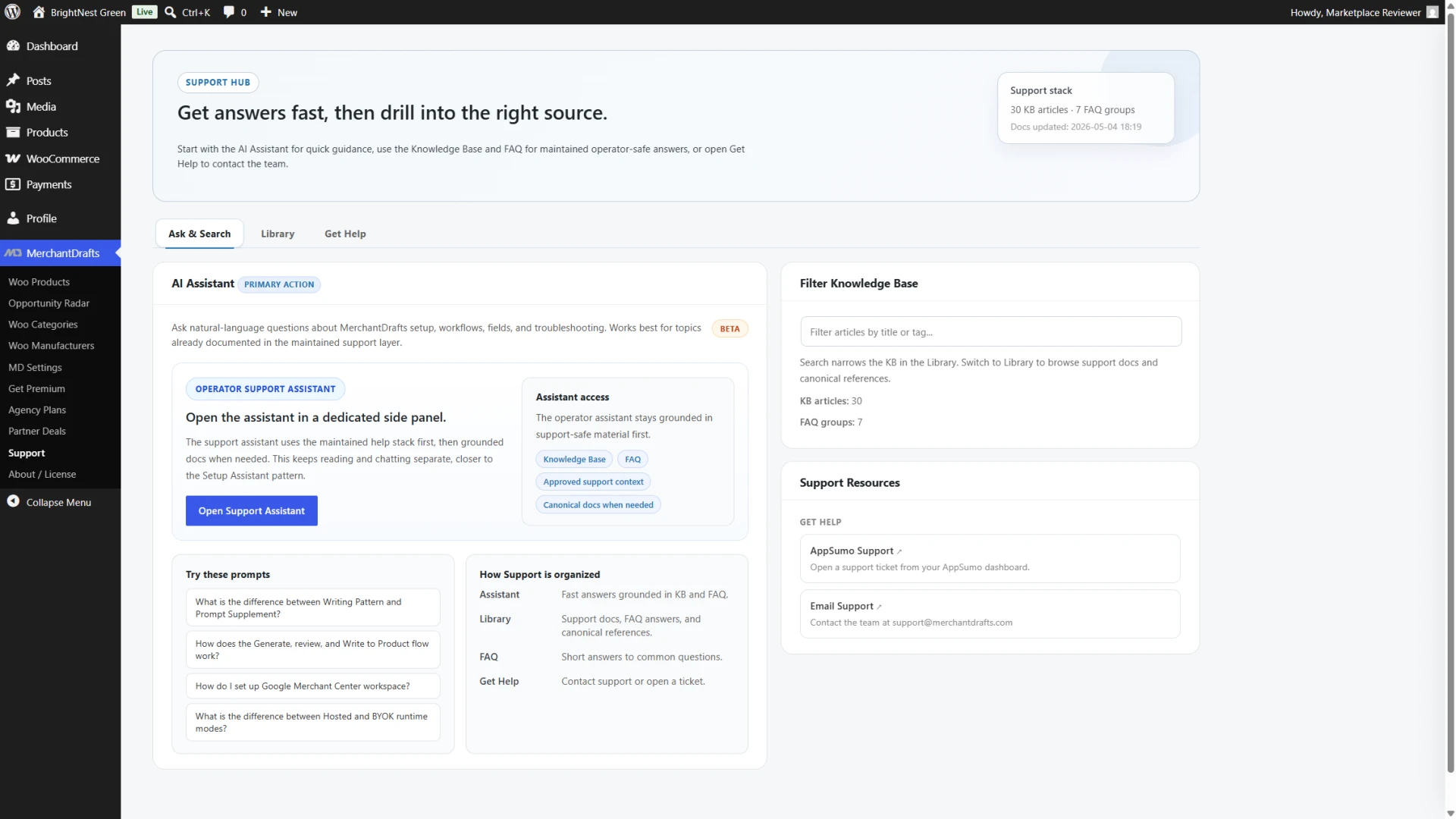 MerchantDrafts Support Hub showing the Ask and Search support workspace inside WordPress admin.