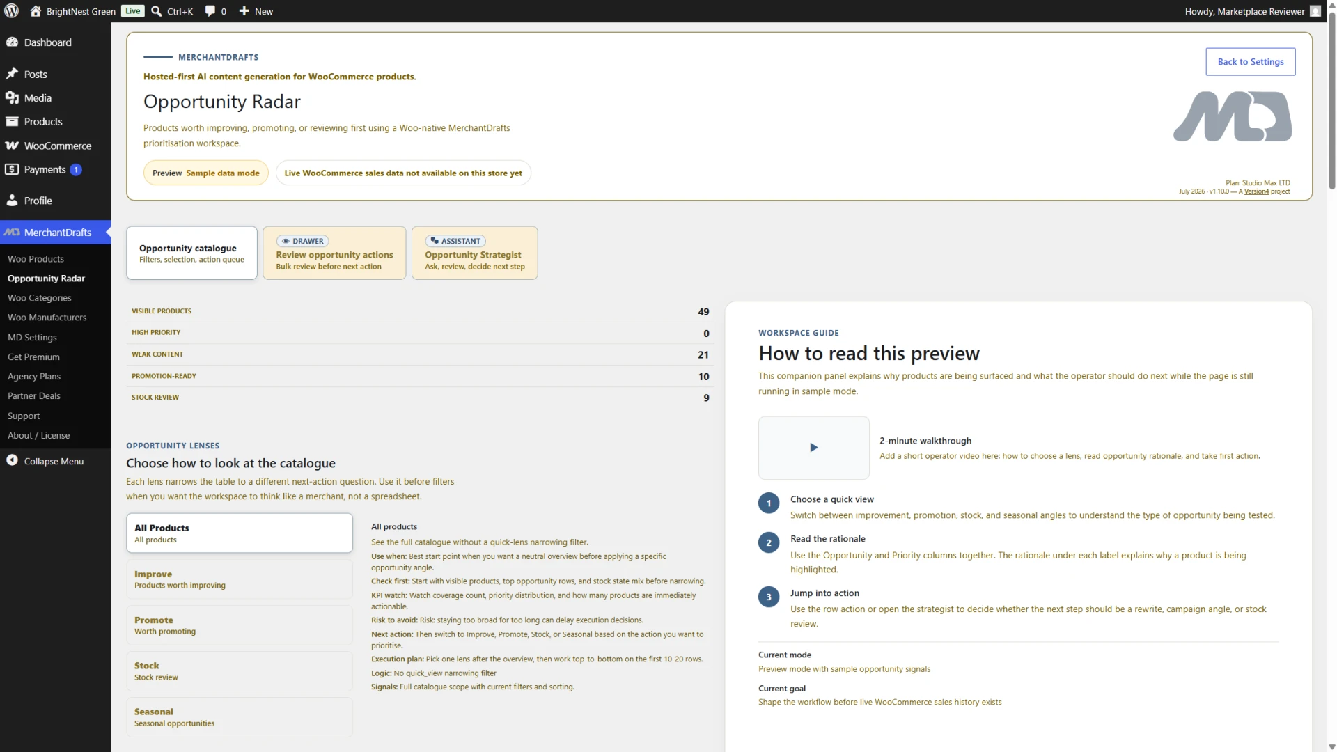 MerchantDrafts Opportunity Radar catalogue view, shown with preview data.